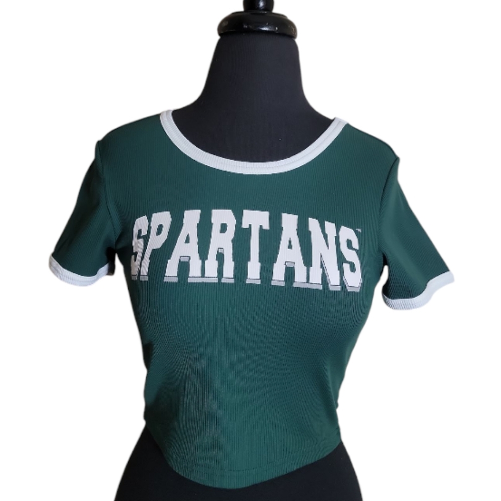 ZooZatz Spartans cropped ribbed top green white short sleeve women's size small